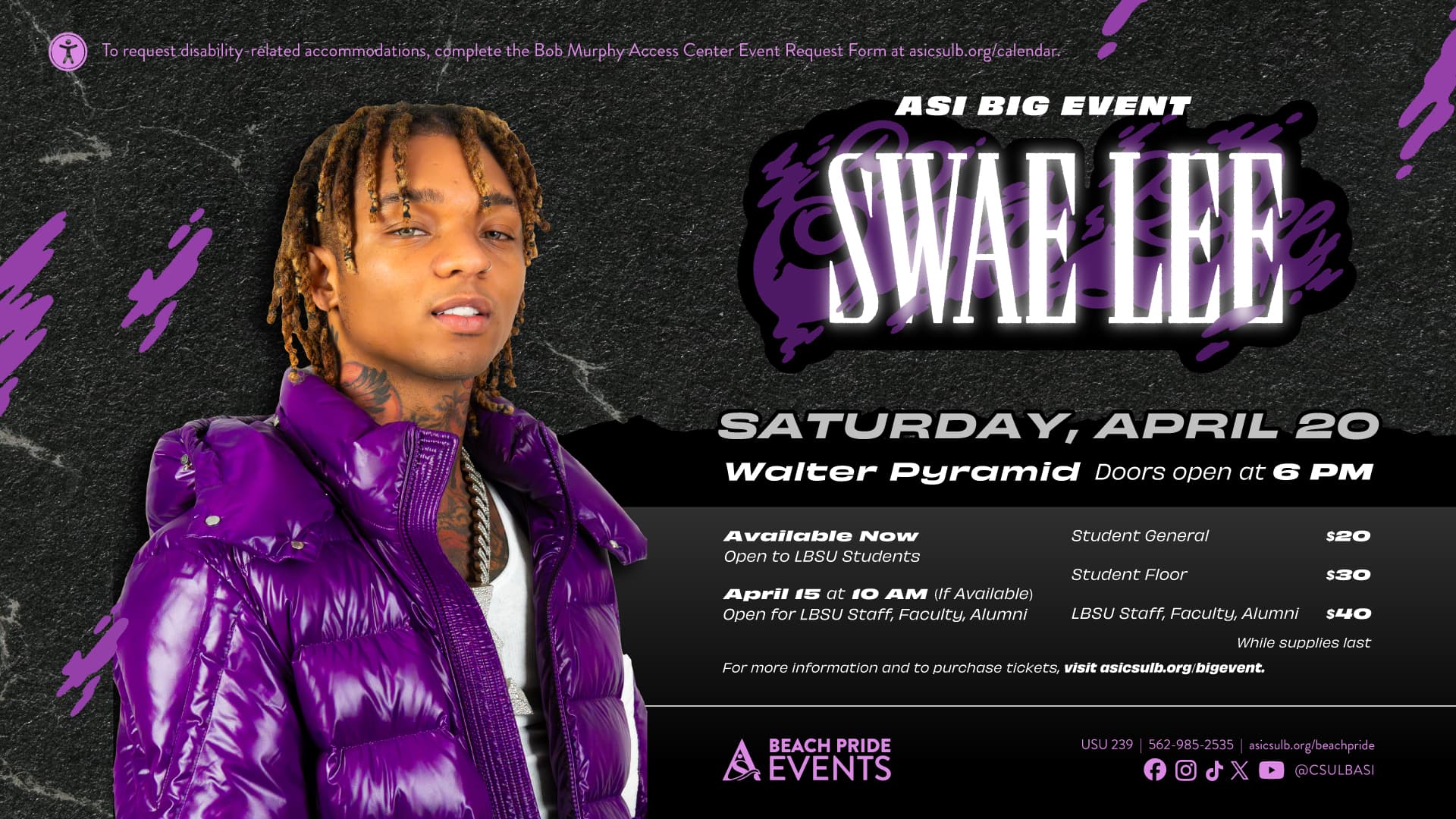 Big Event with Swae Lee April 20th at 7pm in the Walter Pyramid