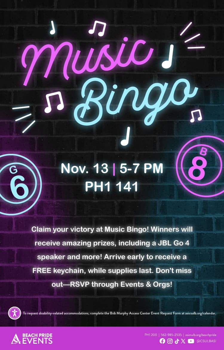 Music Bingo
Nov. 13
5 to 7 p.m.
PH1 141