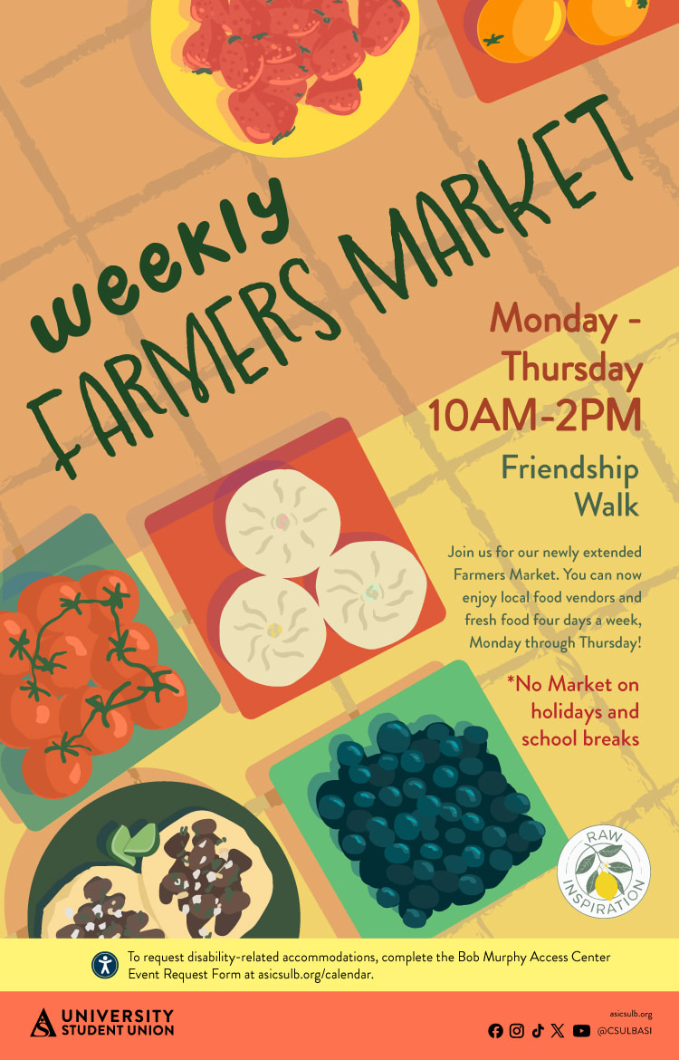 Weekly Farmers Market
Monday through Thursday, Fall & Spring Semesters
10 a.m. to 2 p.m.
Friendship Walk
