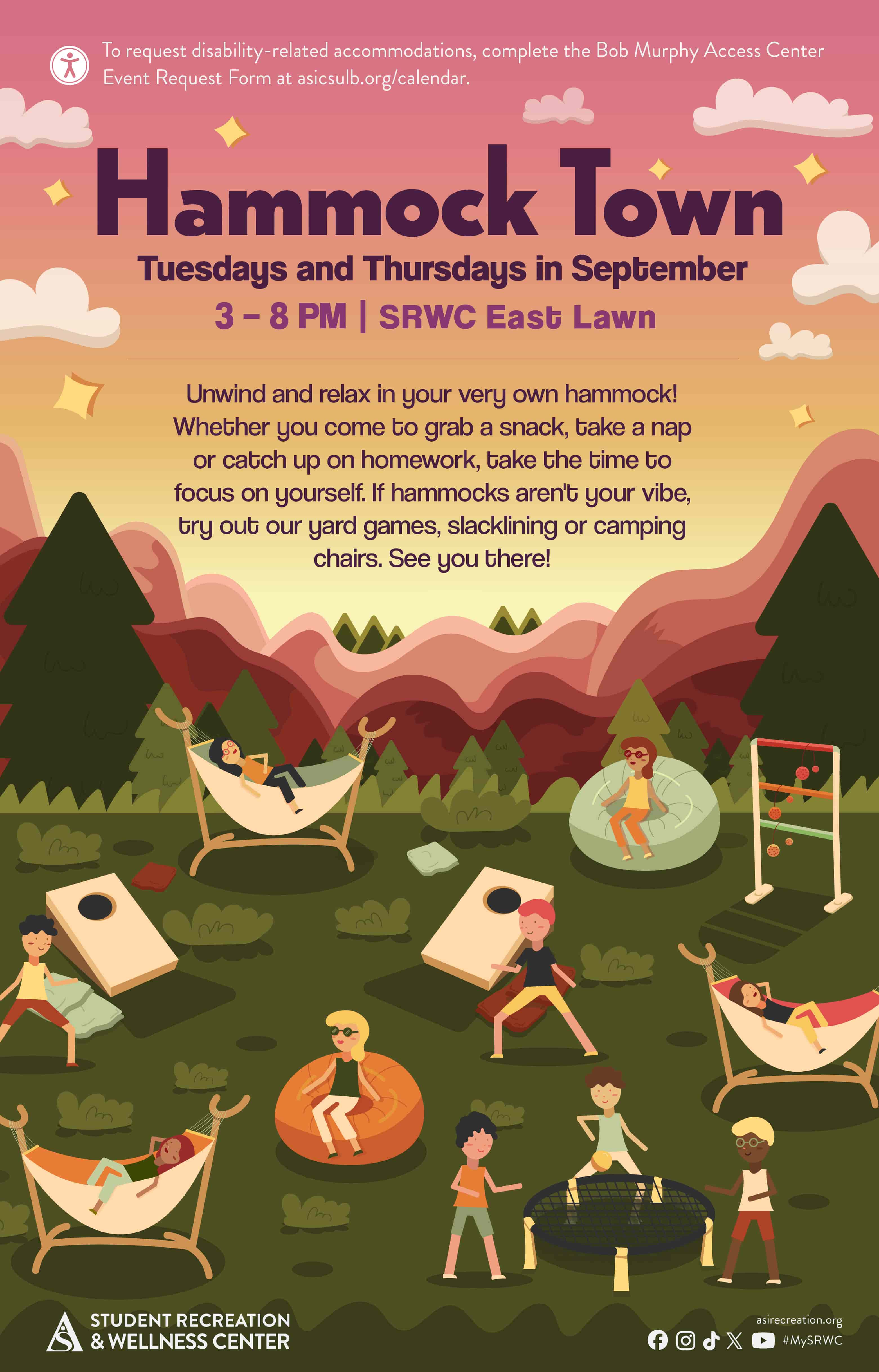 Hammock Town
Tuesdays and Thursdays in September
3 to 8 p.m.
SRWC East Lawn
