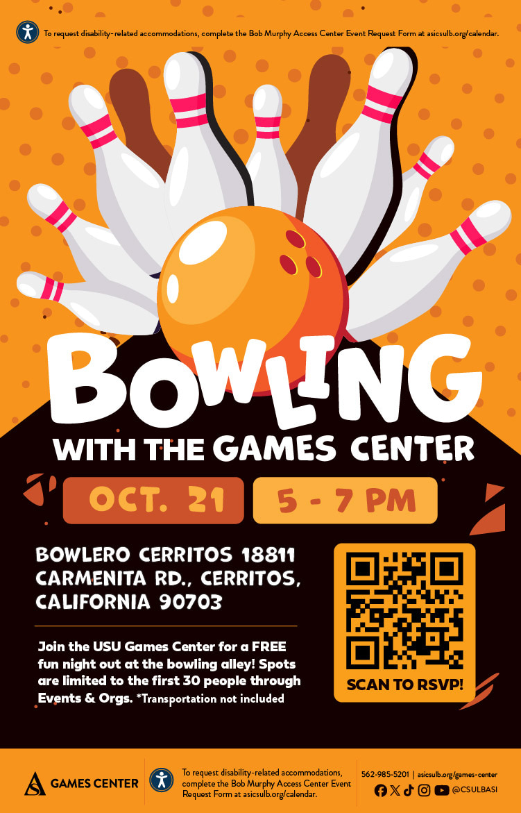 Bowling with the Games Center
Oct. 21
5 to 7 p.m.
Bowlero Cerritos
18811 Carmenita Rd., Cerritos, CA 90703