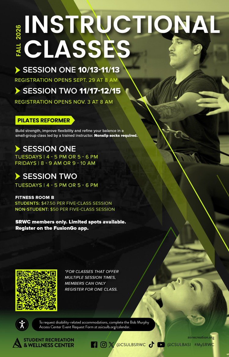 Fall 2026 Instructional Classes
  Oct. 13 to Dec. 15
  Various Times
  SRWC, Fitness Room B
  