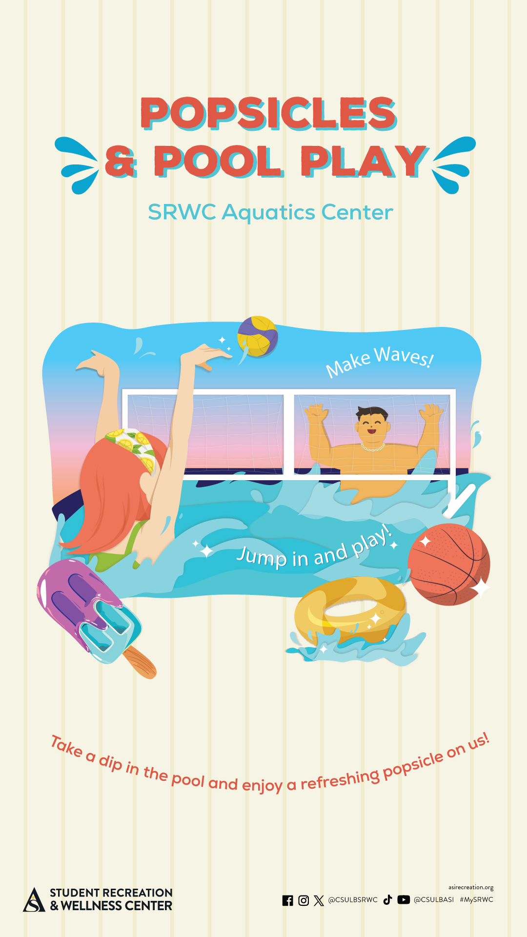 Popsicles & Pool Play
Aug. 29 & Sept. 26
11:30 a.m. until supplies last
SRWC Aquatics Center
