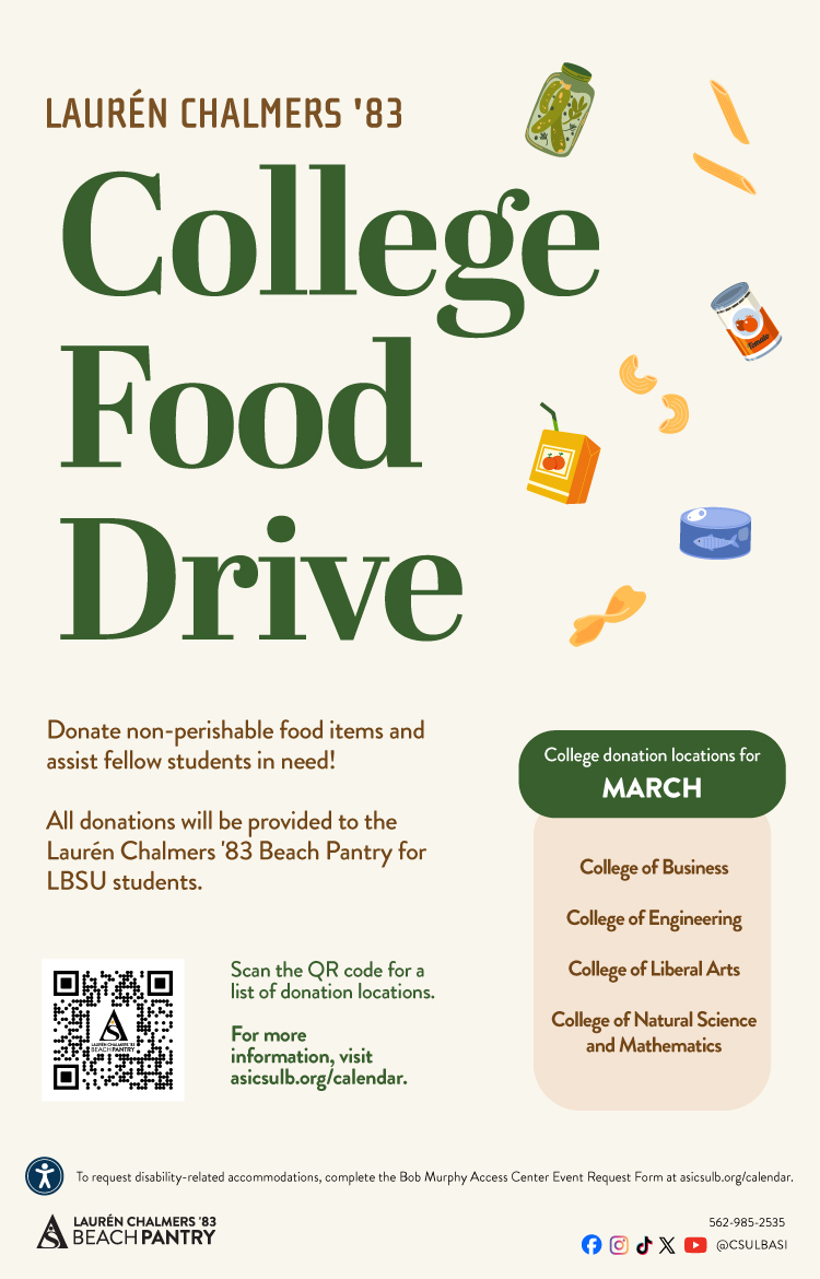 Laurén Chalmers '83 Beach Pantry College Food Drive various locations all March
        