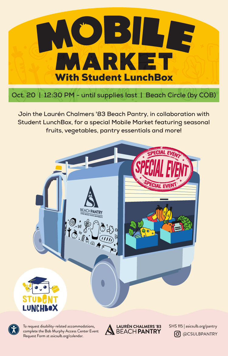 Mobile Market with Student LunchBox
Oct. 20
12:30 p.m.
Beach Circle (by COB)
