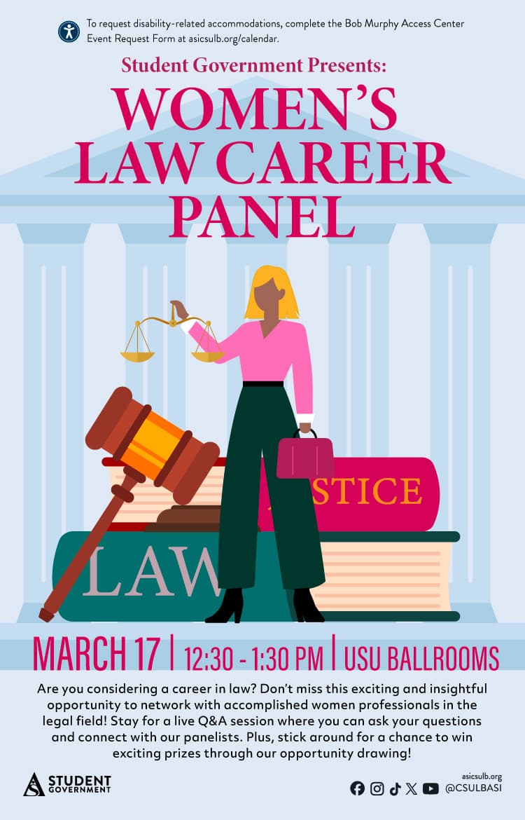 Women's Law Career Panel
March 17
12:30 to 1:30 p.m.
USU Ballrooms