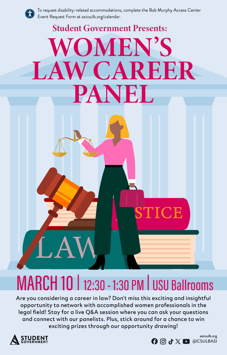
Women's Law Career Panel
March 10
12:30 to 1:30 p.m.
USU Ballrooms