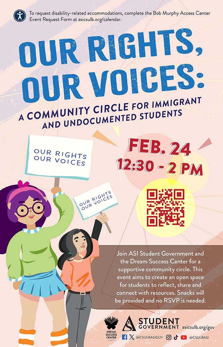 Our Rights, Our Voices: A Community Circle for Immigrant and Undocumented Students
        Feb. 24
        12:30 to 2 p.m.