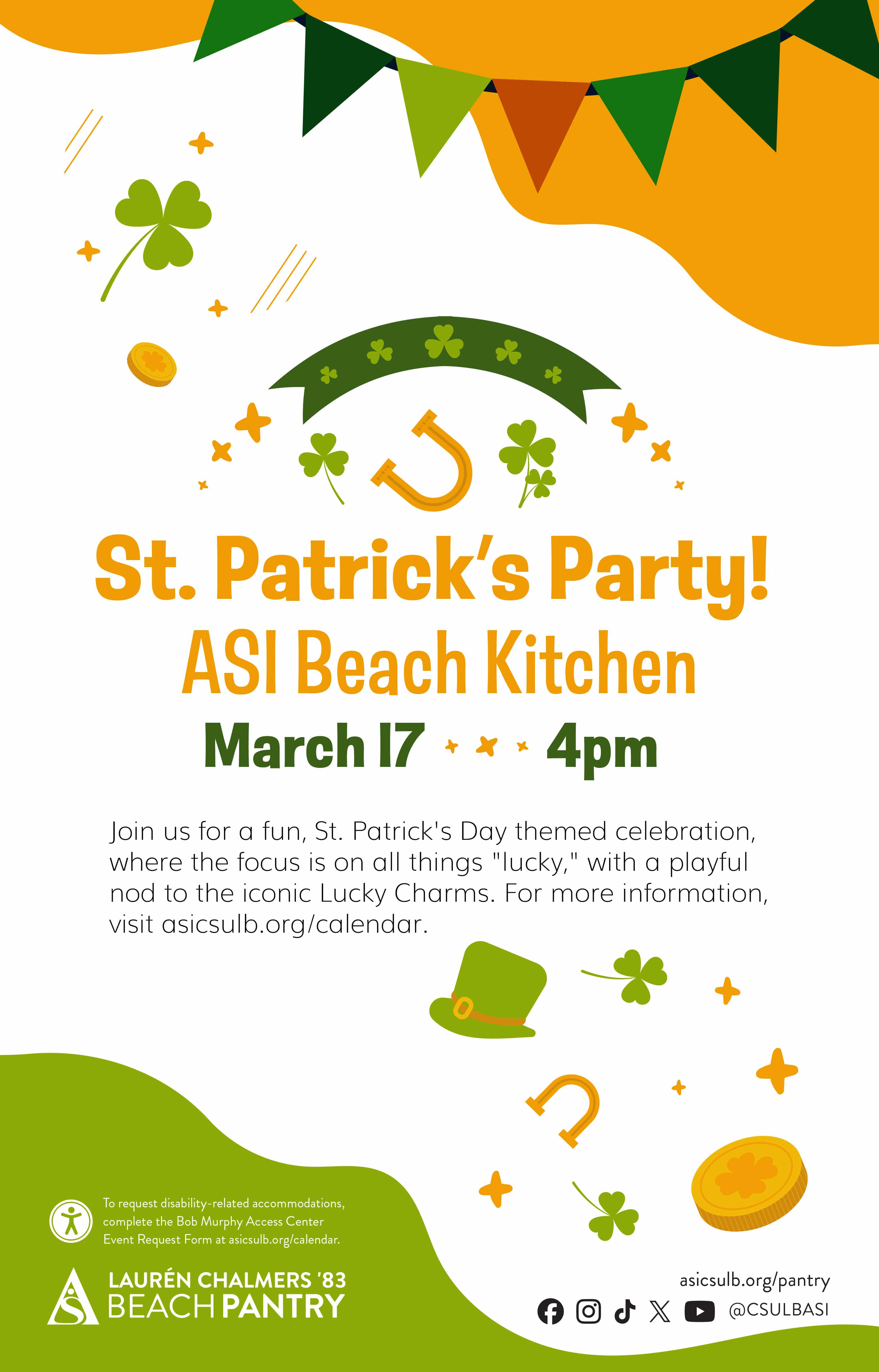 St. Patrick's Party      March 17      4 p.m.      ASI Beach Kitchen