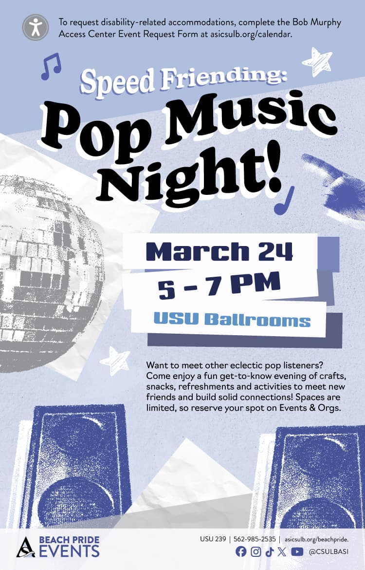 Speed Friending: Pop Music Night!       March 24      5 to 7 p.m.      USU Ballrooms