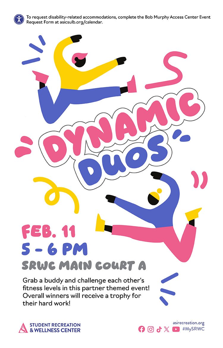 Dynamic Duos
      Feb. 11
      5 to 6 p.m.
      SRWC Main Court A