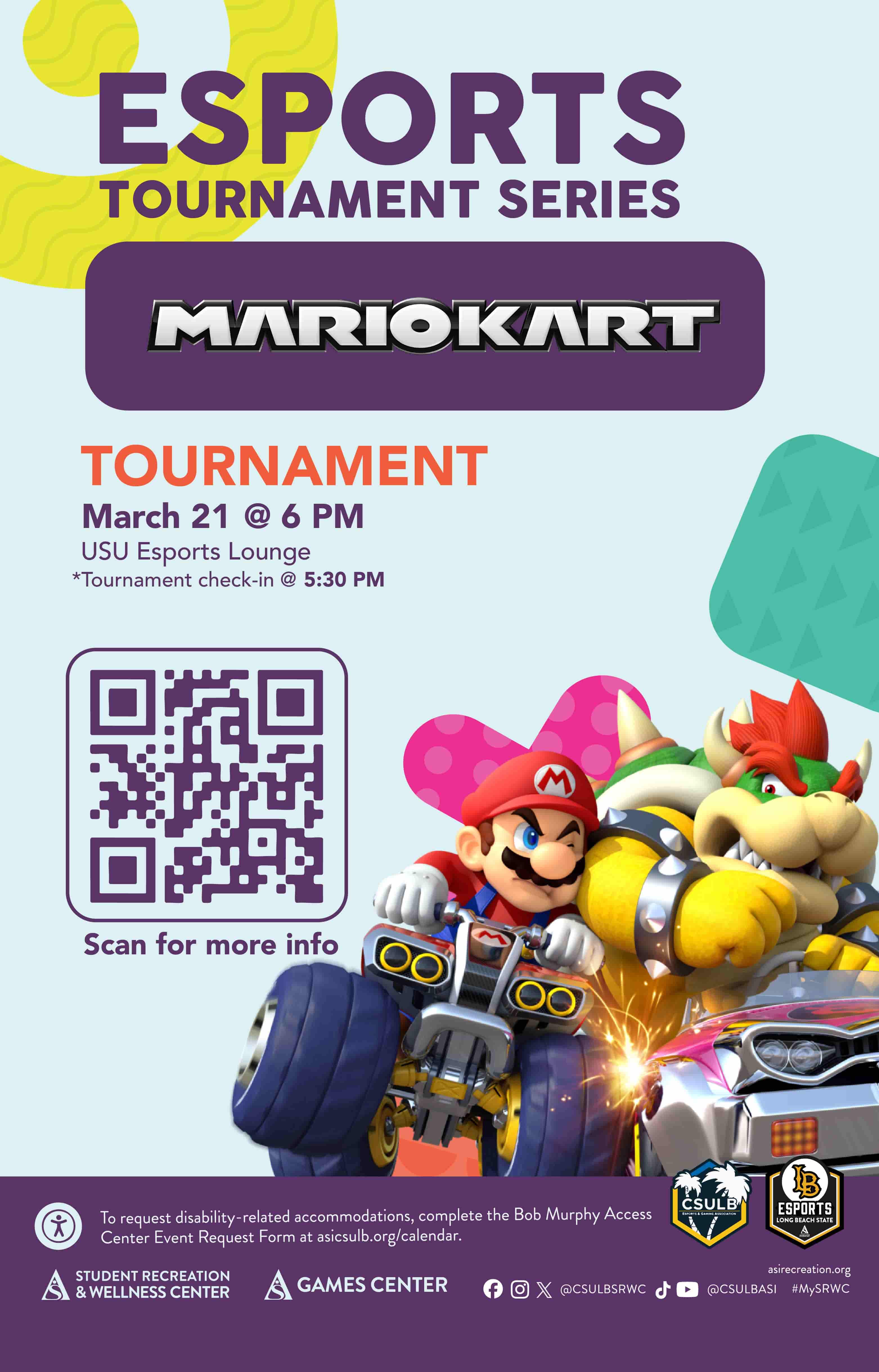 Esports Tournament: Mario Kart      March 21      Check in starts at 5:30 p.m.      Tournament starts at 6 p.m.      USU Esports Lounge      