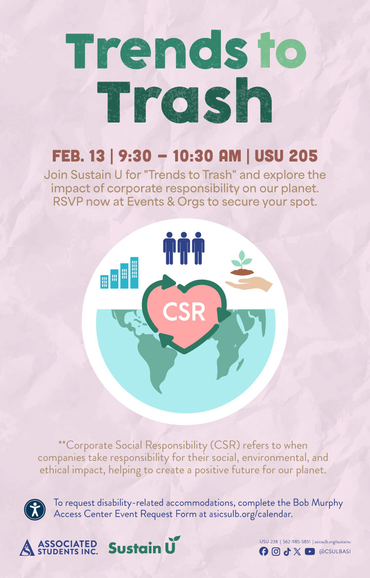 Trends to Trash      Feb. 13      9:30 to 10:30 a.m.      USU 205