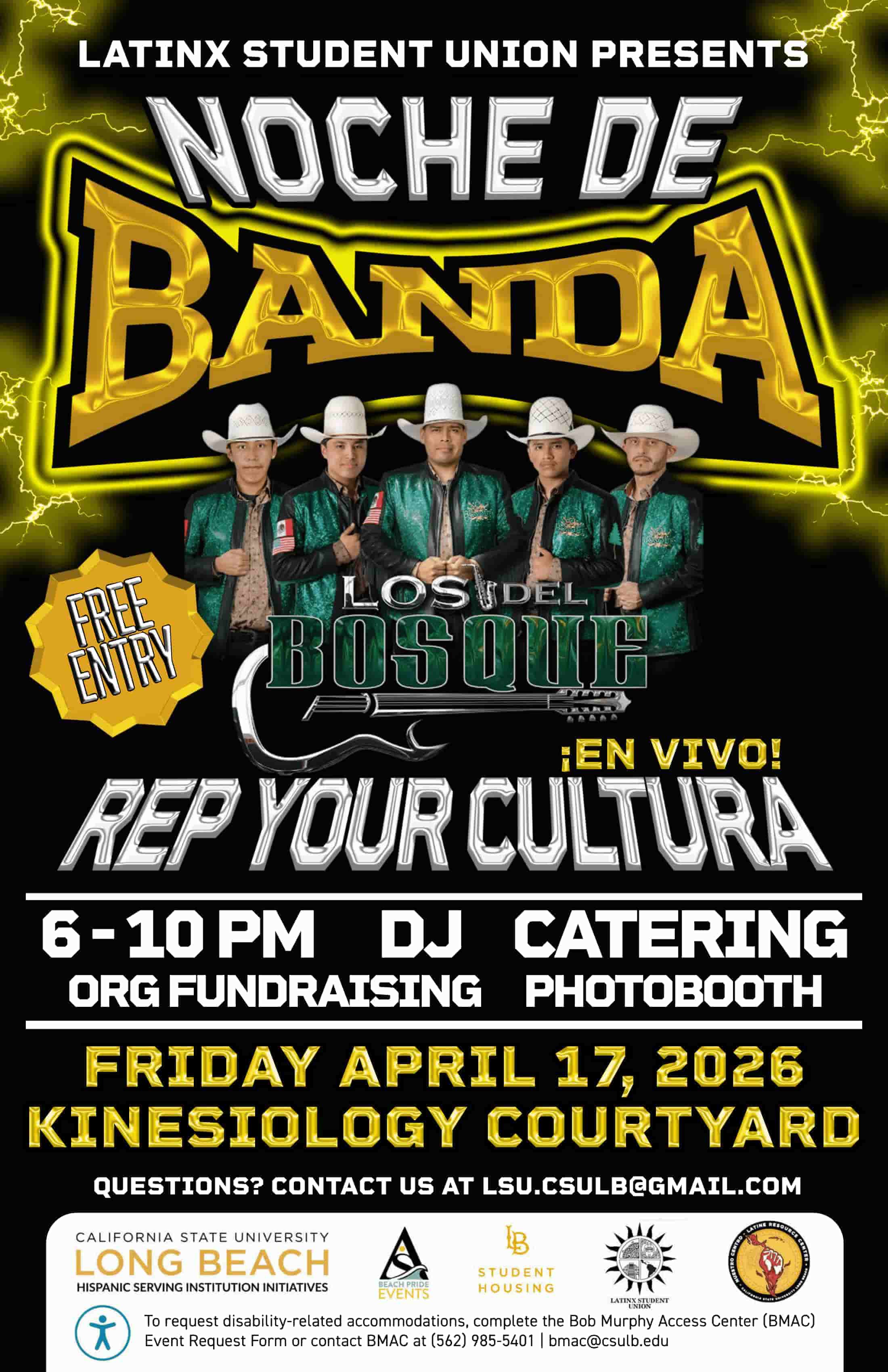 Noche de Banda
April 17
6 - 10 PM
Kinesiology Courtyard
