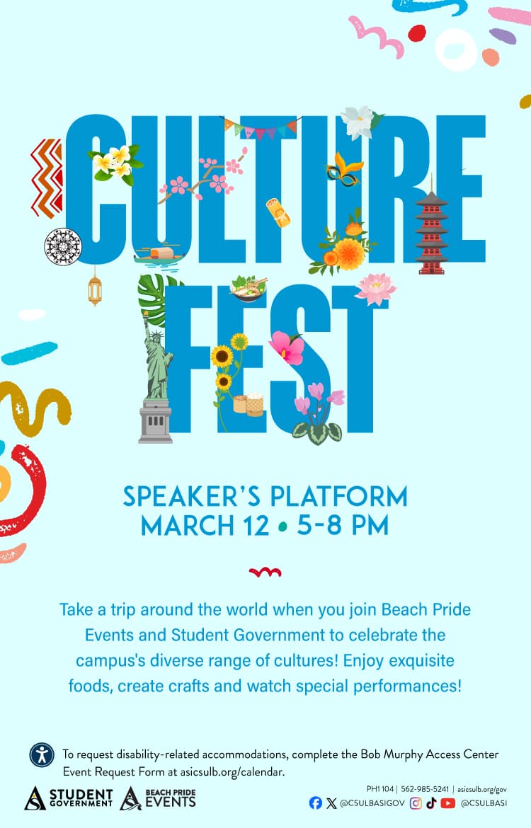 Culture Fest
March 12
5 to 8 p.m.
Central Quad