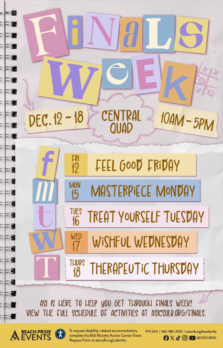 Finals week Dec. 12 to 18 Location Central Quad Time 10 a.m. to 5 p.m.