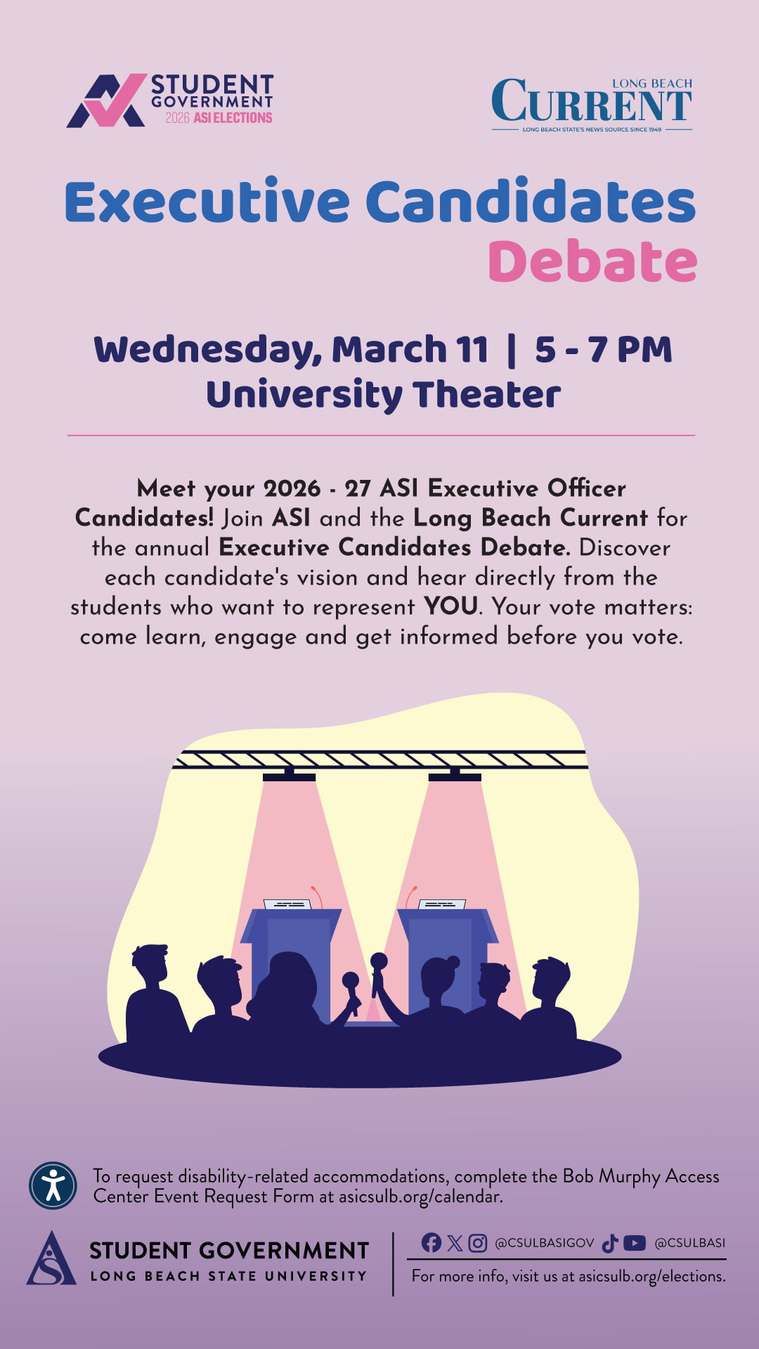 Executive Candidates Debate
March 11
5 to 7 p.m.
University Theater