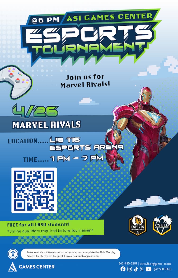 Esports Tournaments: Marvel Rivals
April 24
6 p.m.
PH1 201
