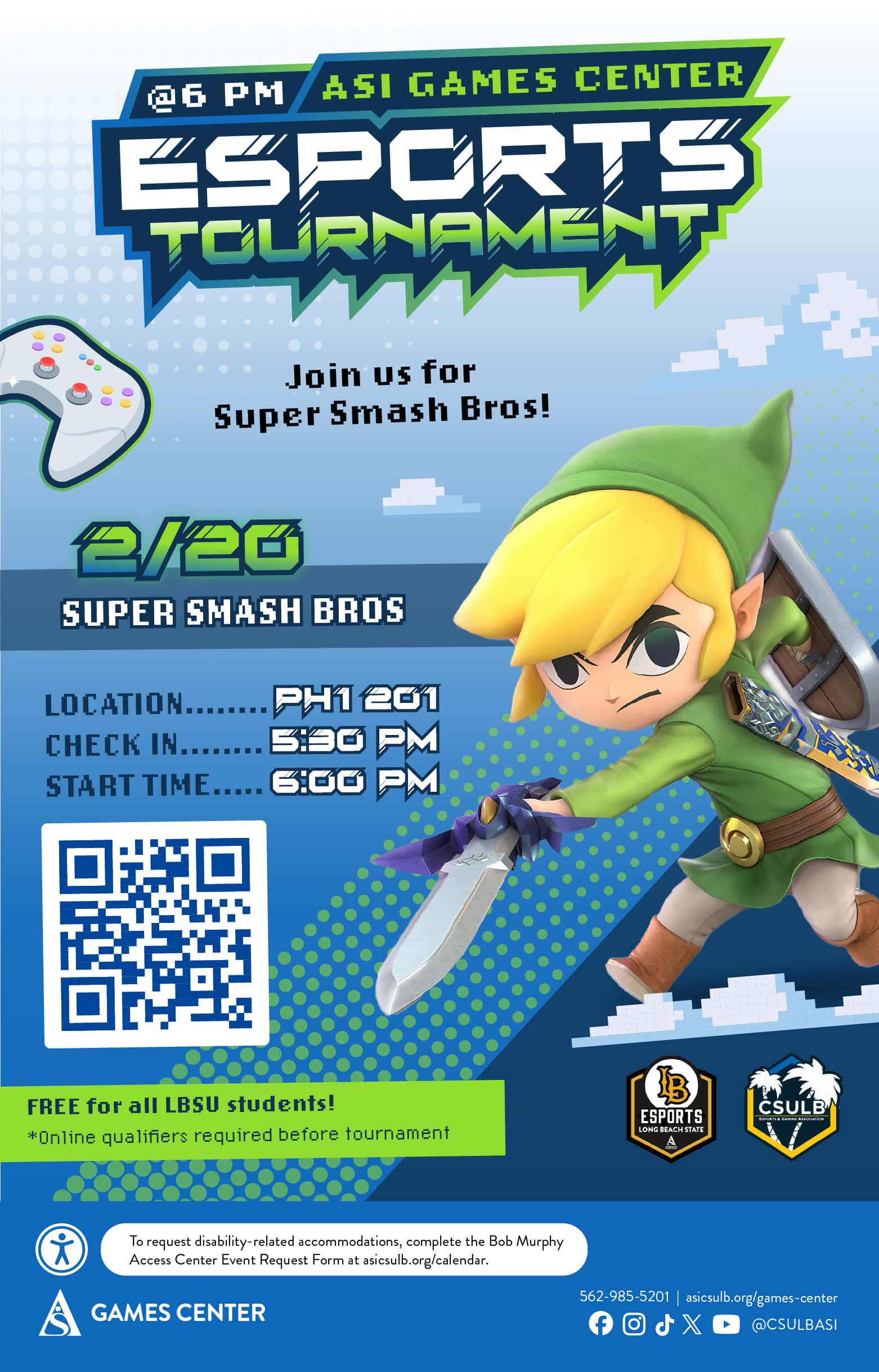 Esports Tournament: Super Smash Bros.
Feb. 20
6 p.m.
PH1 201
