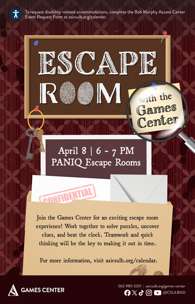 Escape Room with the Games Center
April 8
6 to 7 p.m.
PANIQ Escape Rooms
327 Pine Ave, Long Beach
