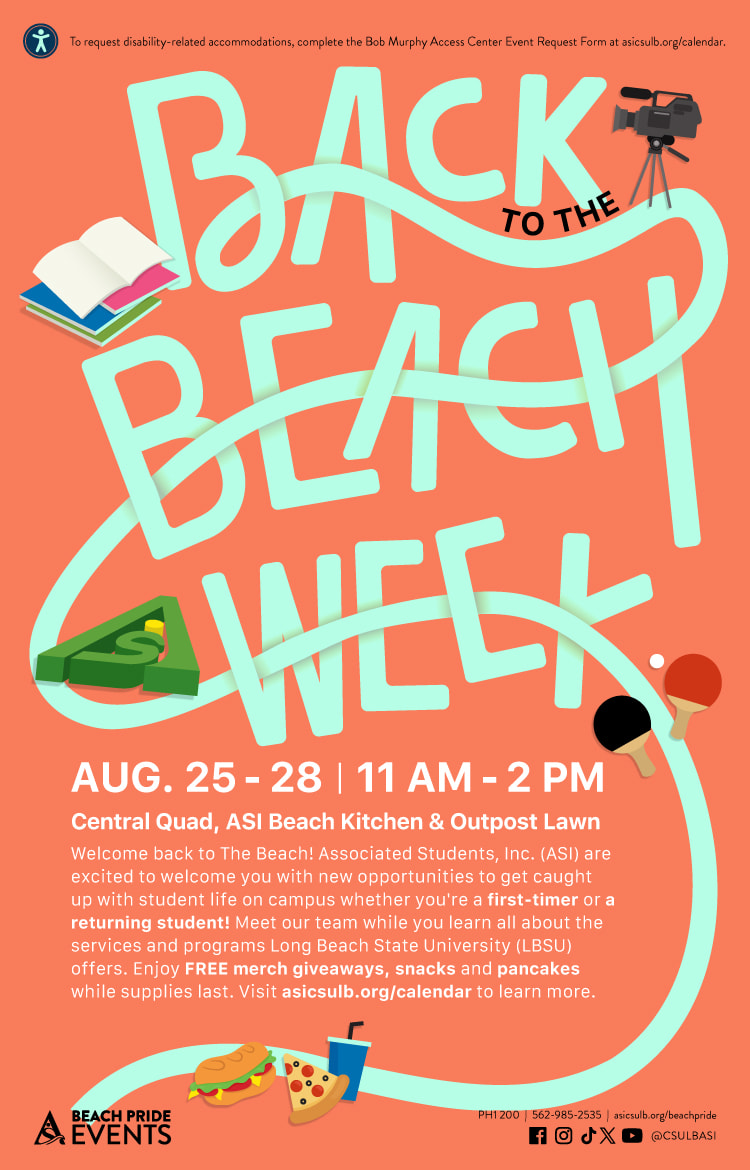 Back to the Beach Week
Aug. 25 - 28
11 a.m. to 2 p.m.
Central Quad, ASI Beach Kitchen & Outpost Lawn