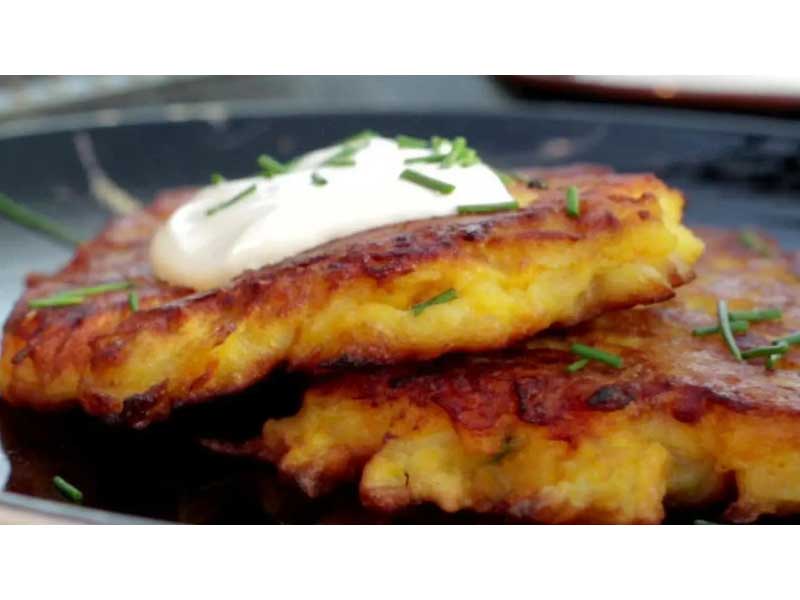 Sweet Potato-Chive Latkes closeup
