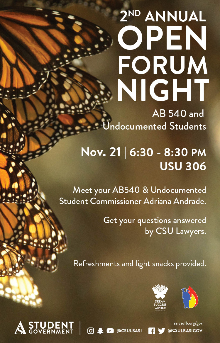 open forum poster with white lettering on top of an image of monarch butterflies.